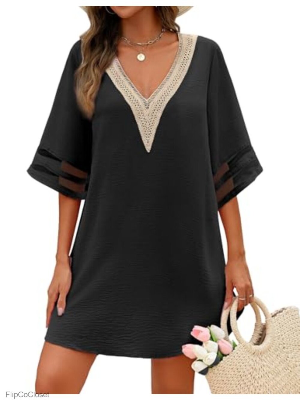 Swimsuit Cover Up 3/4 Bell Sleeve Loose Beachwear Deep V-Neck Bikini T-Shirt